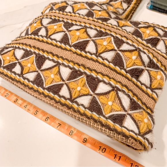 Vintage Handmade Burlap Embroidered Satchel Hand Bag Geometric Tan Brown Boho - Picture 13 of 15
